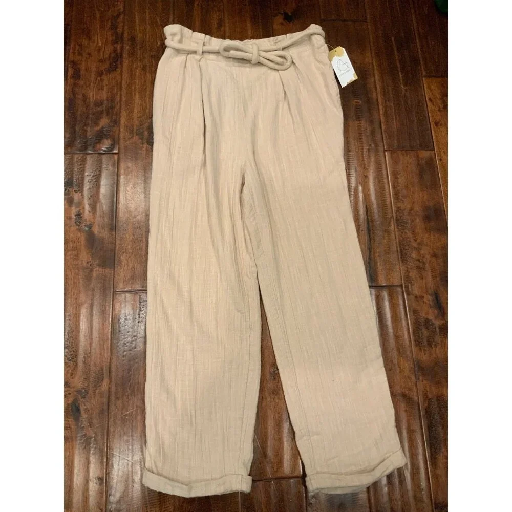 Free People Tan Relaxed Linen Belted Pants, Size S